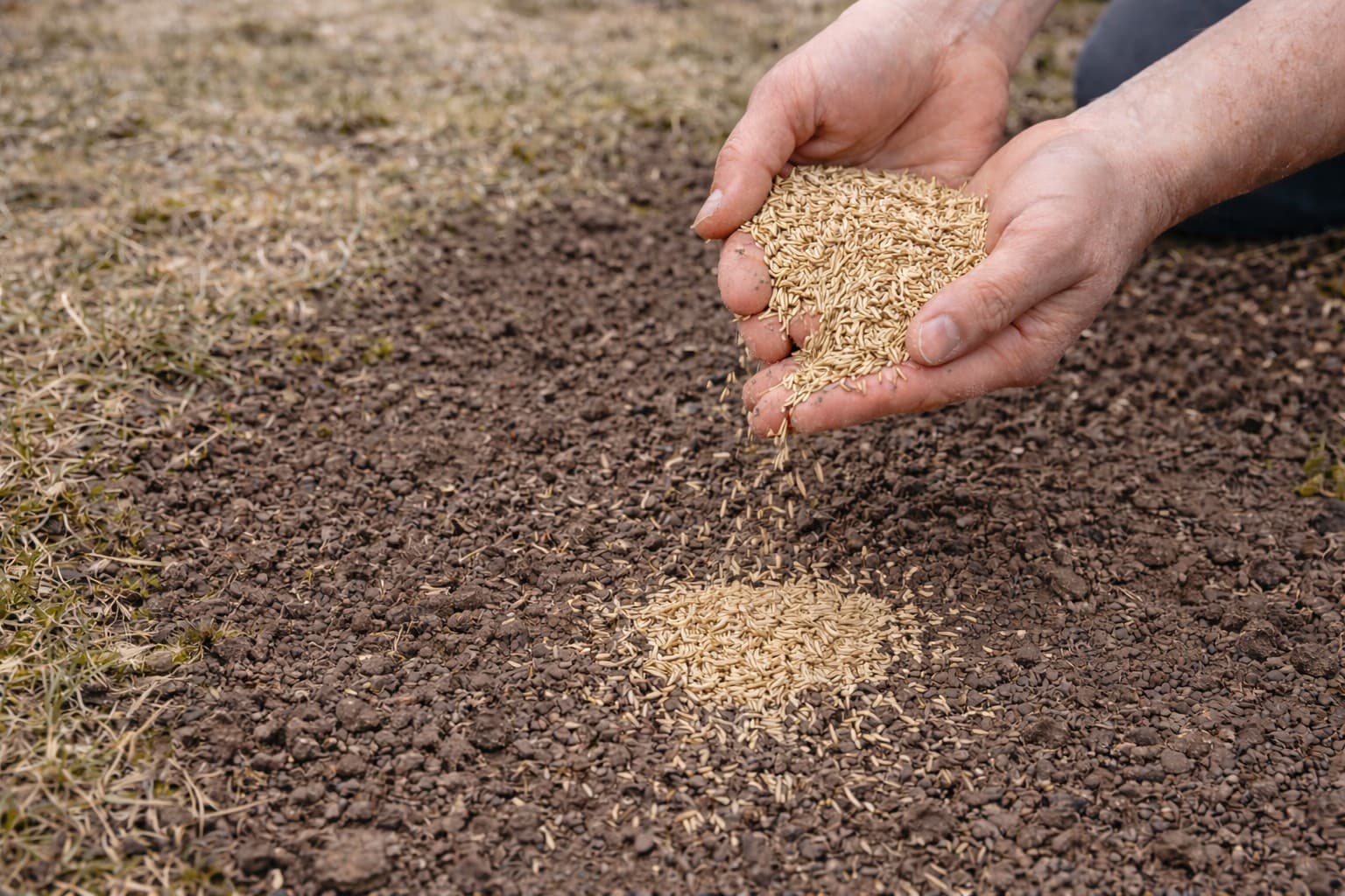 Gressfrø som strøs over bare flekker på en plen