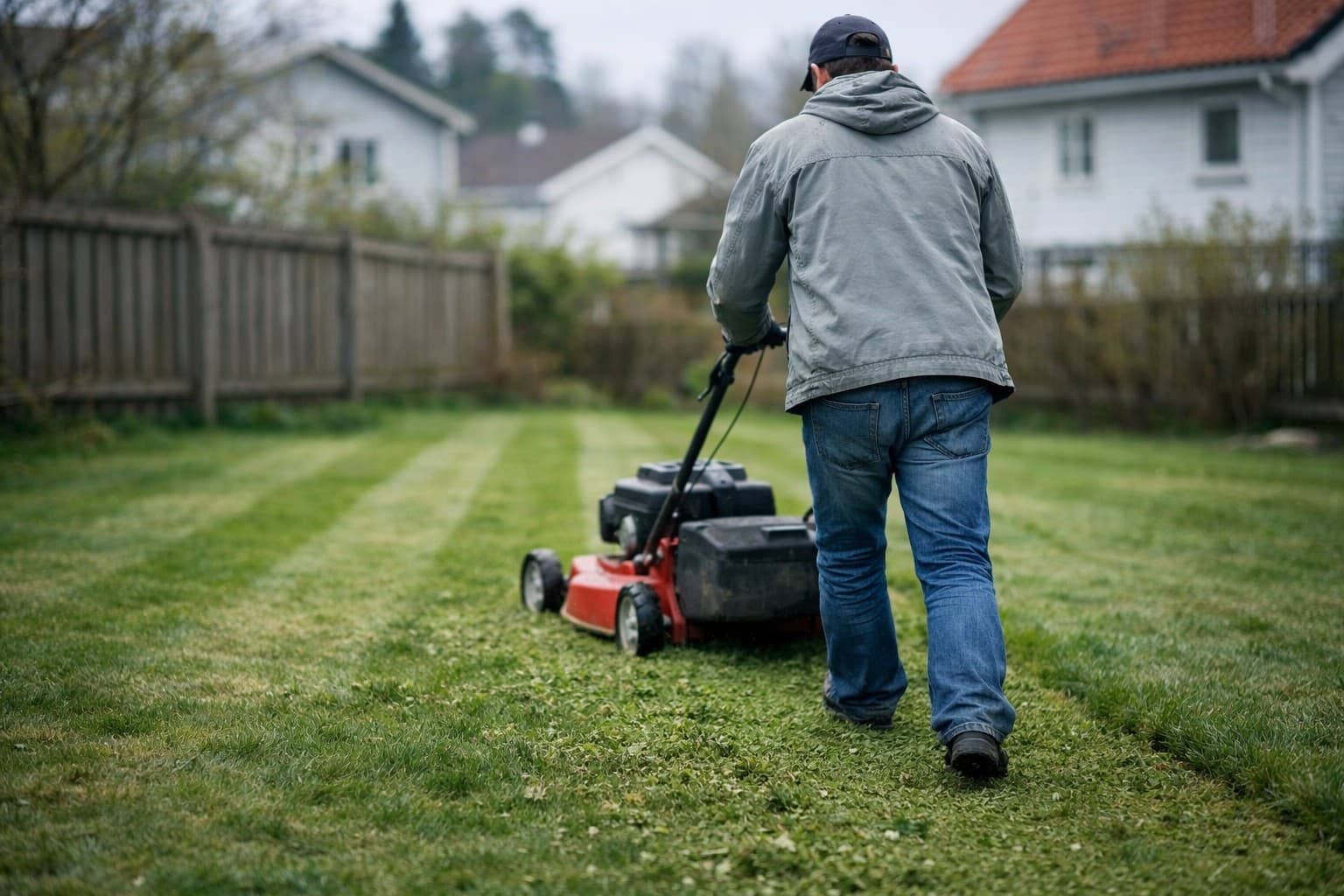 Første klipping av plenen om våren