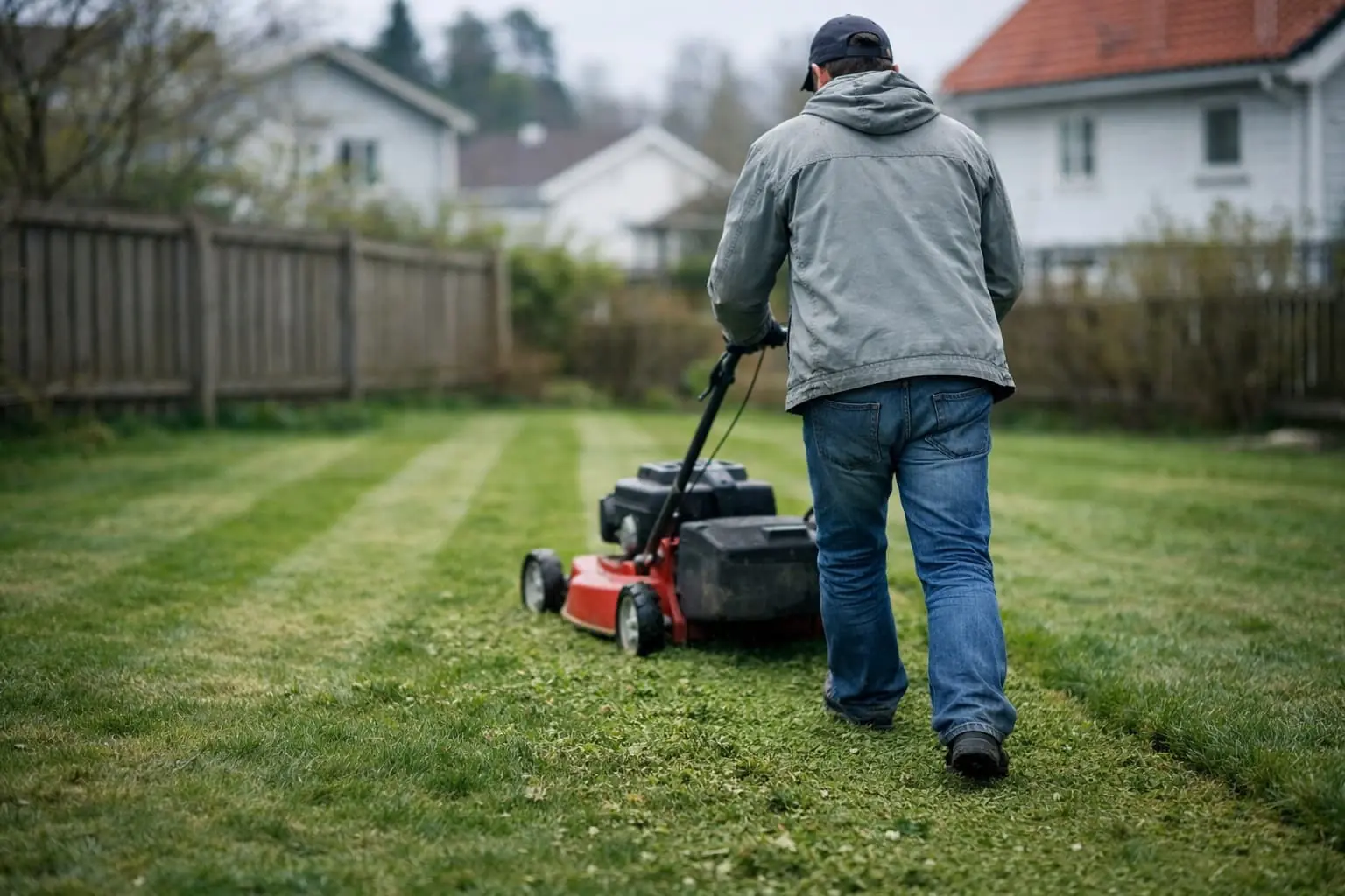 Første klipping av plenen om våren
