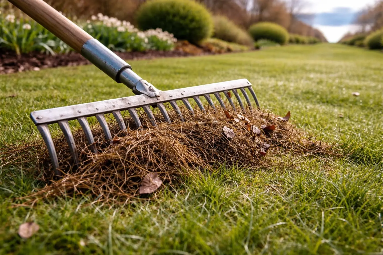 Raking av gressplen om våren for å fjerne dødt gress