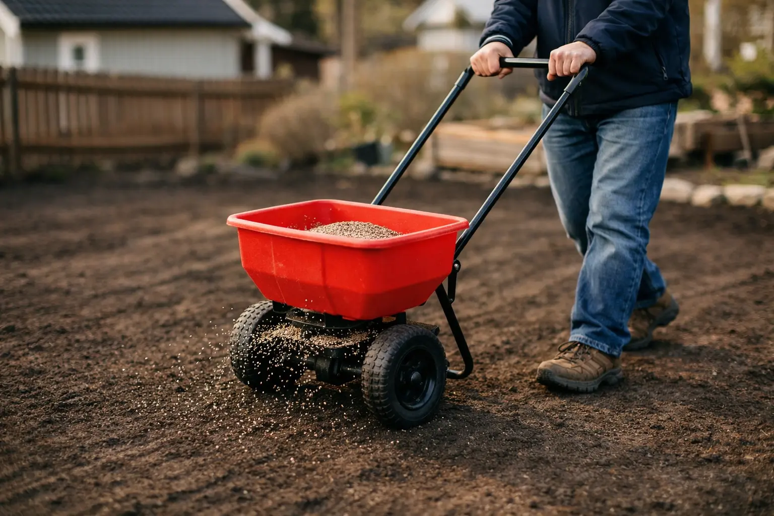 Person bruker spredervogn til å så gressfrø på bar jord