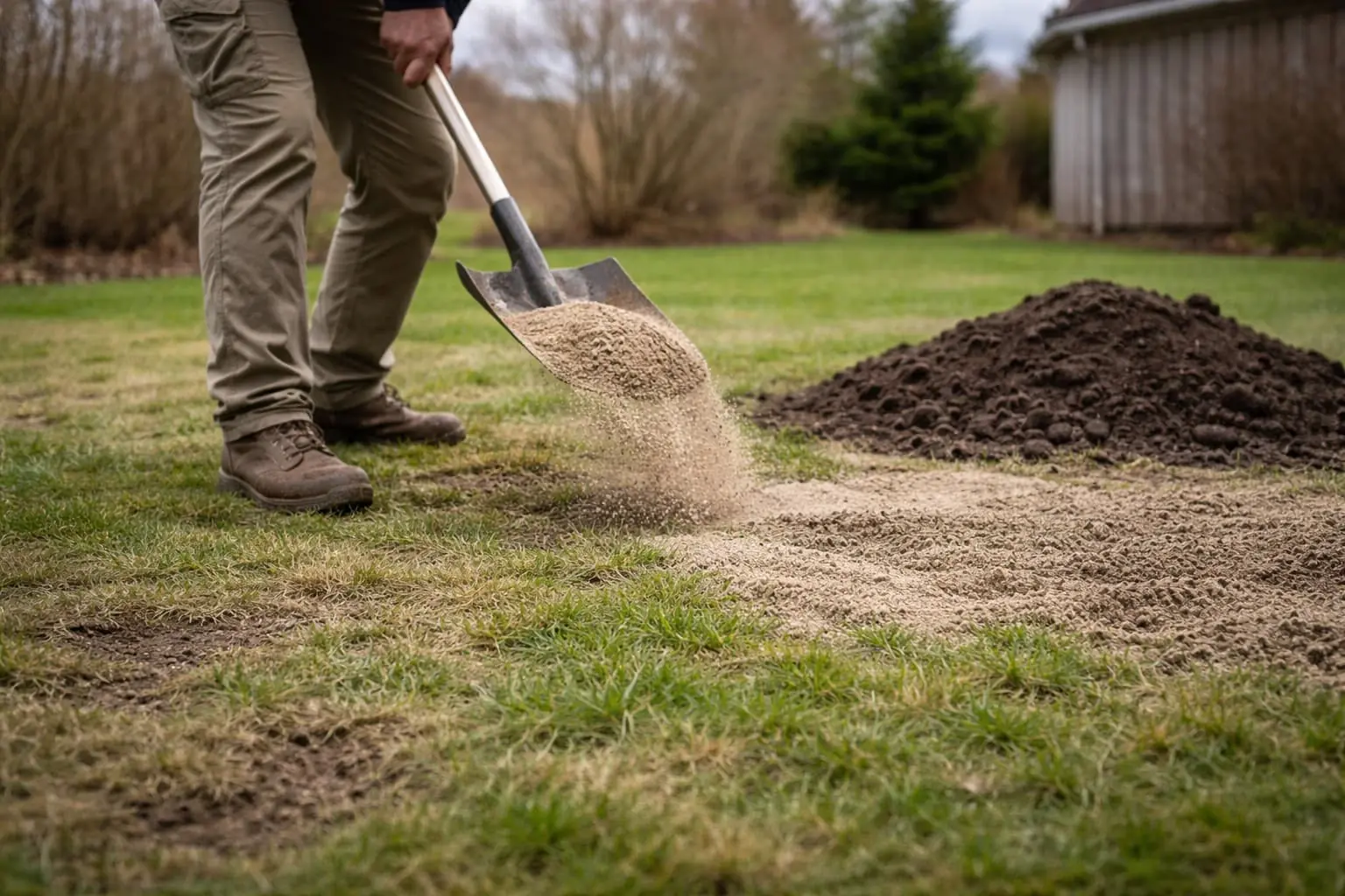 Toppdressing av gressplen – sand spres jevnt over plenen