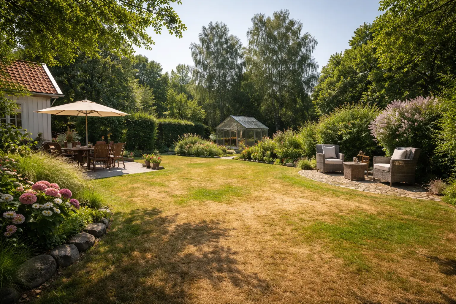 Grønn plen i tørt sommervær